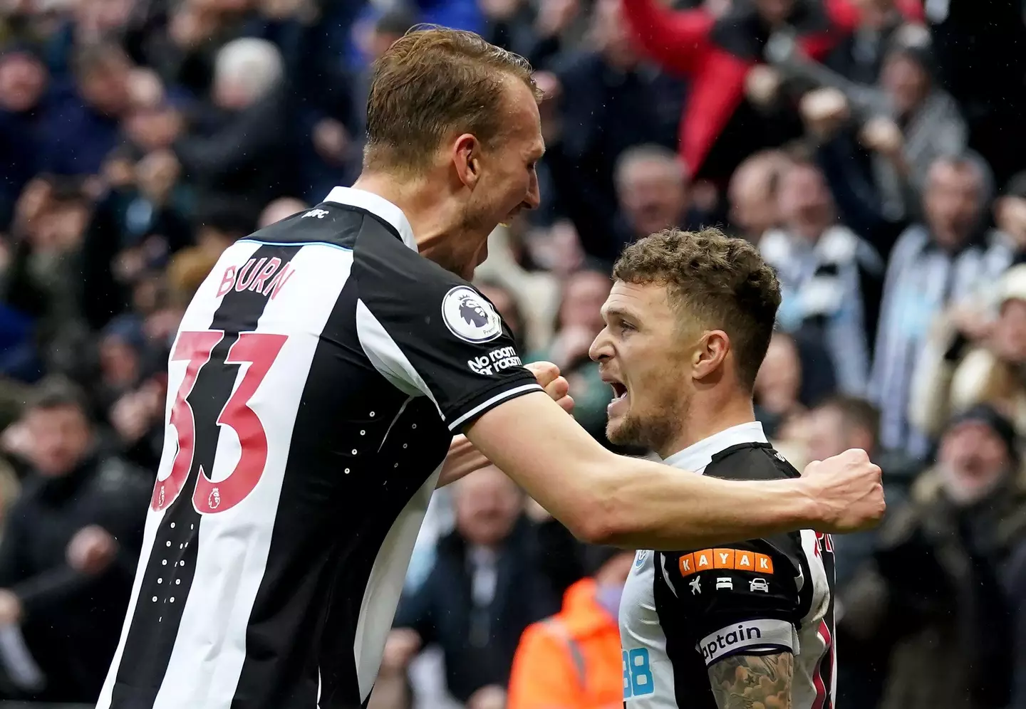 Dan Burns celebrates with fellow new signing Trippier. Image: PA Images