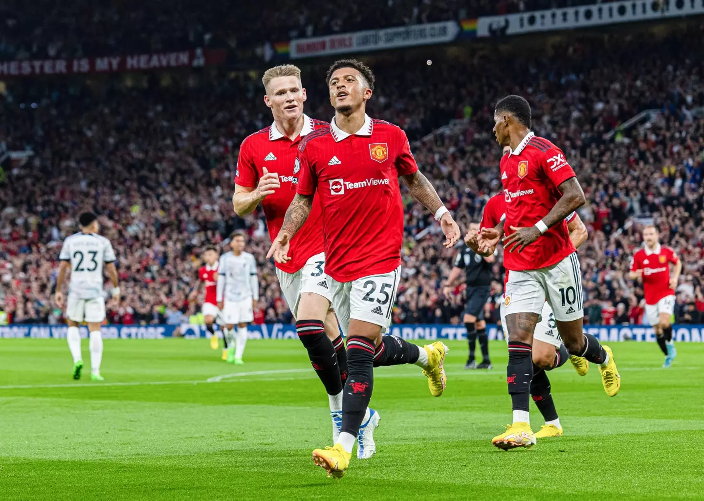 Jadon Sancho celebrates scoring against Liverpool. (Alamy)