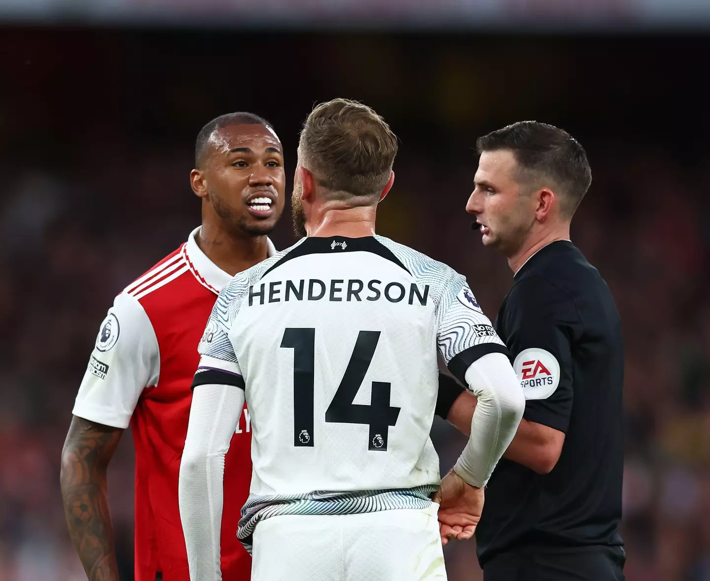 Henderson and Gabriel clashed in this month's match between Arsenal and Liverpool (Image: Alamy)