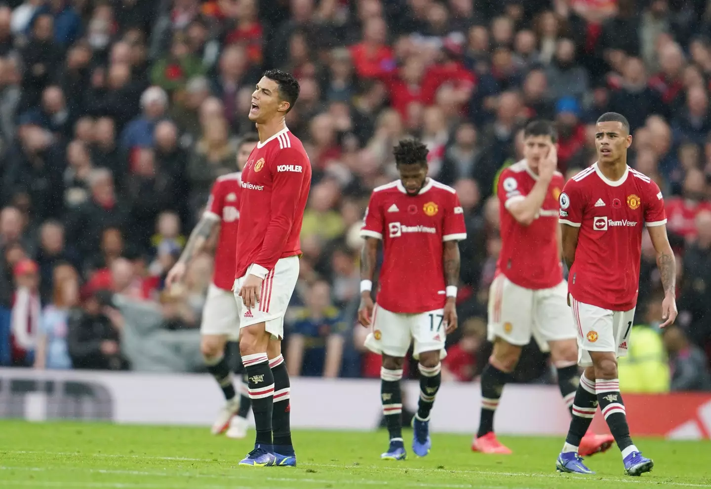 United players look dejected after City's second. Image: PA Images