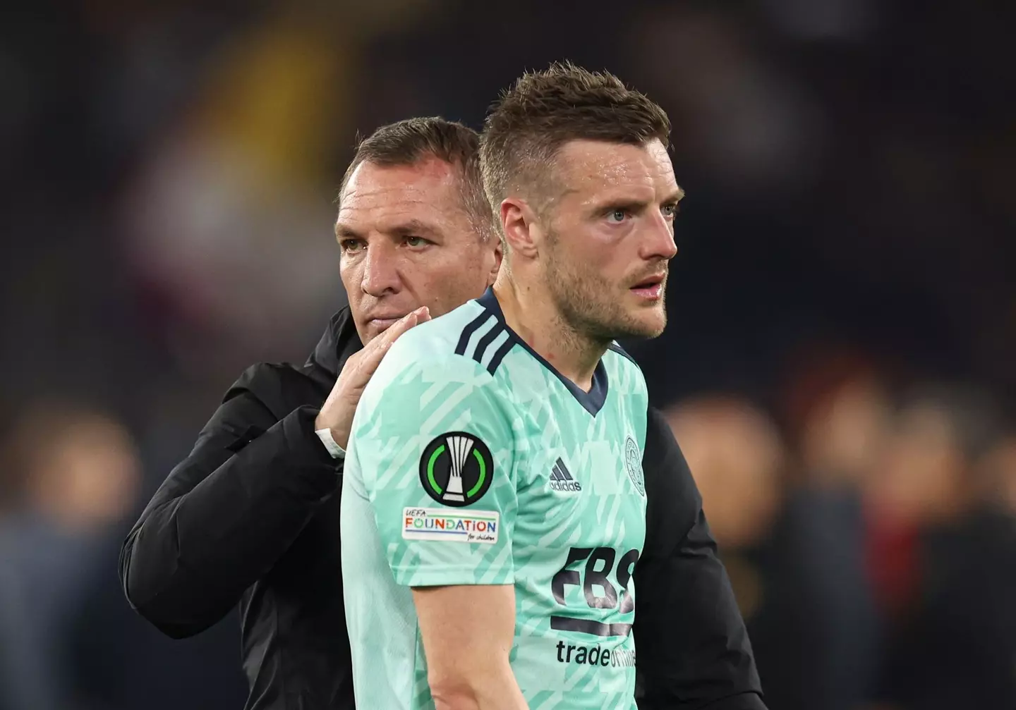 Brendan Rodgers consoles Jamie Vardy after the final whistle in Rome.