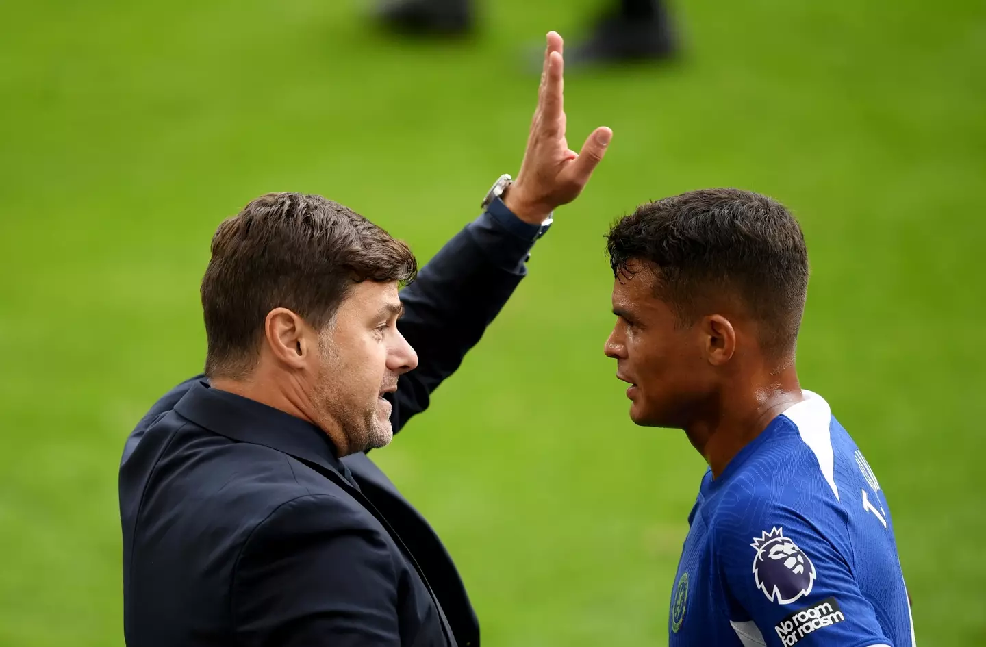 Mauricio Pochettino and Thiago Silva of Chelsea. (