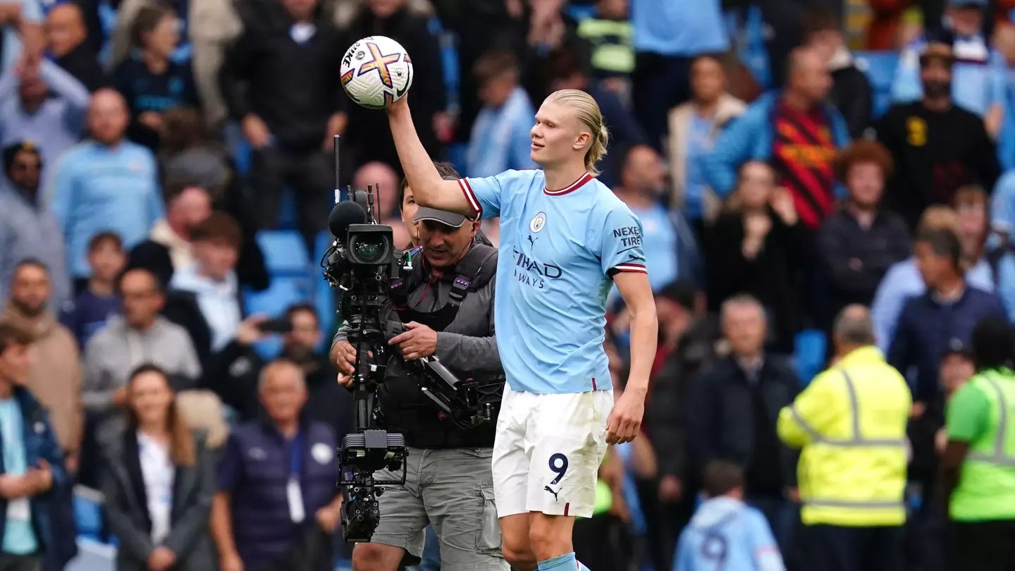 Manchester City's Erling Haaland celebrates with the match ball (Image: PA Images/Alamy)