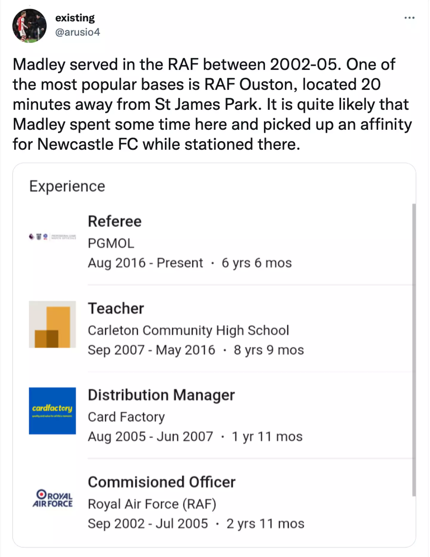 Madley's former job in the RAF apparently makes him a Newcastle sympathiser. Image: Twitter