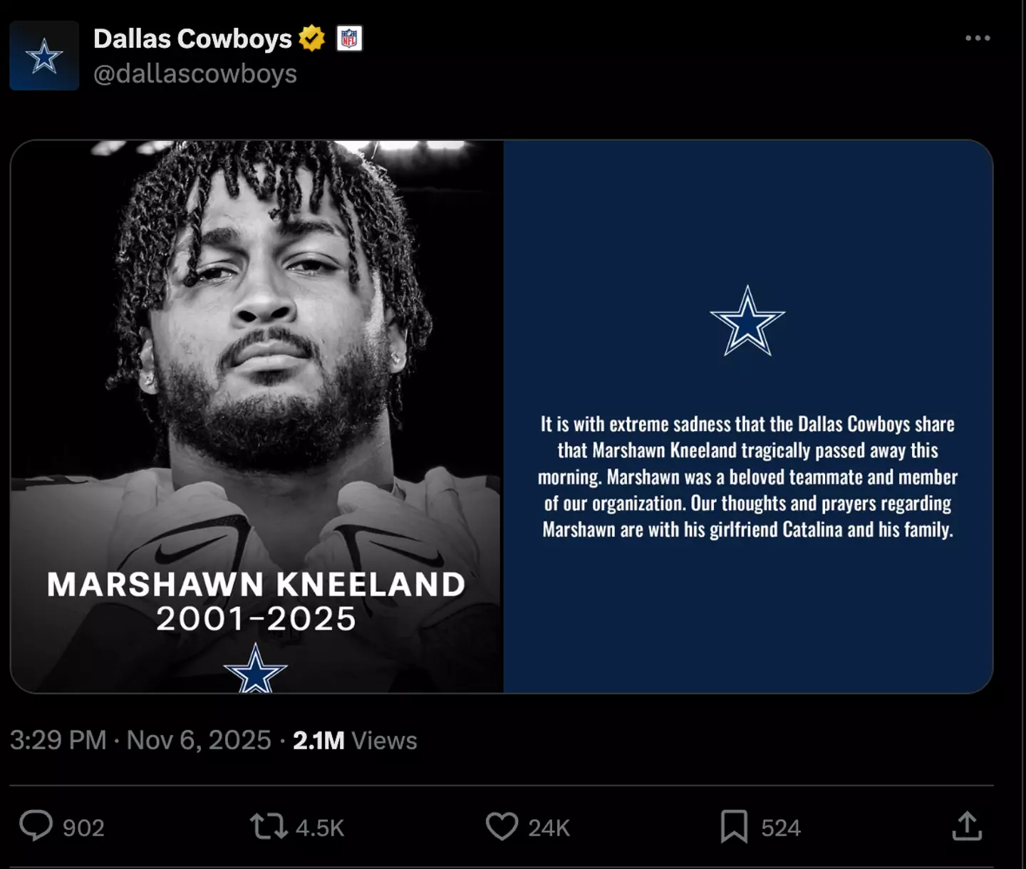 The Dallas Cowboys announced Kneeland's death on Thursday morning (Image: Twitter/Dallas Cowboys)