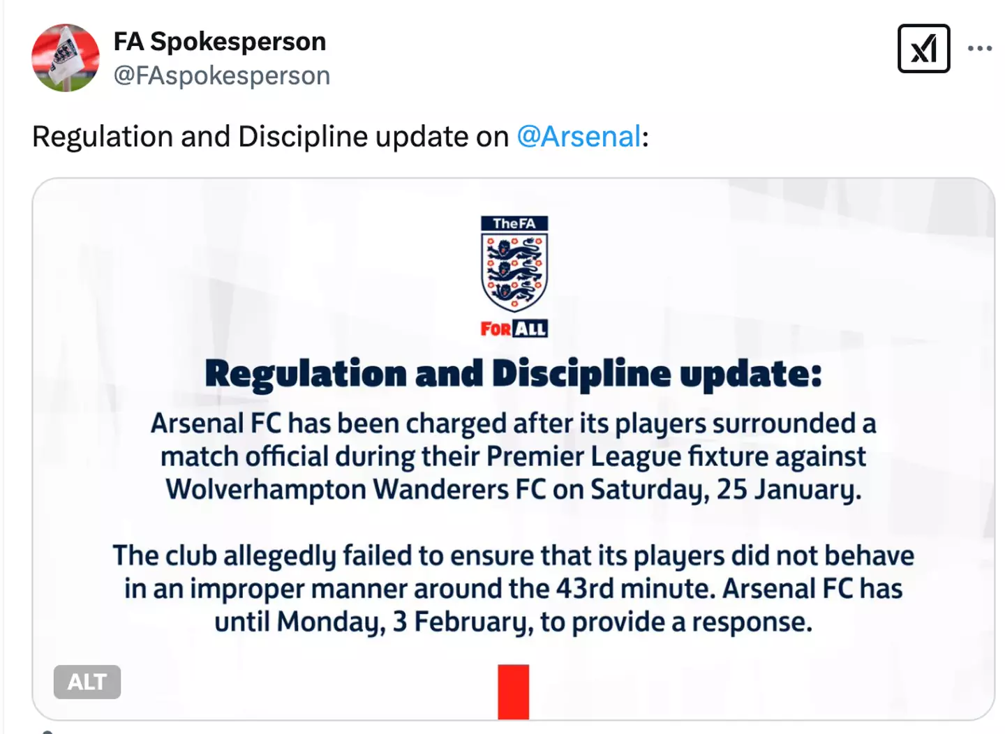 The FA released an official statement confirming they had charged Arsenal on Thursday. (Image: X)