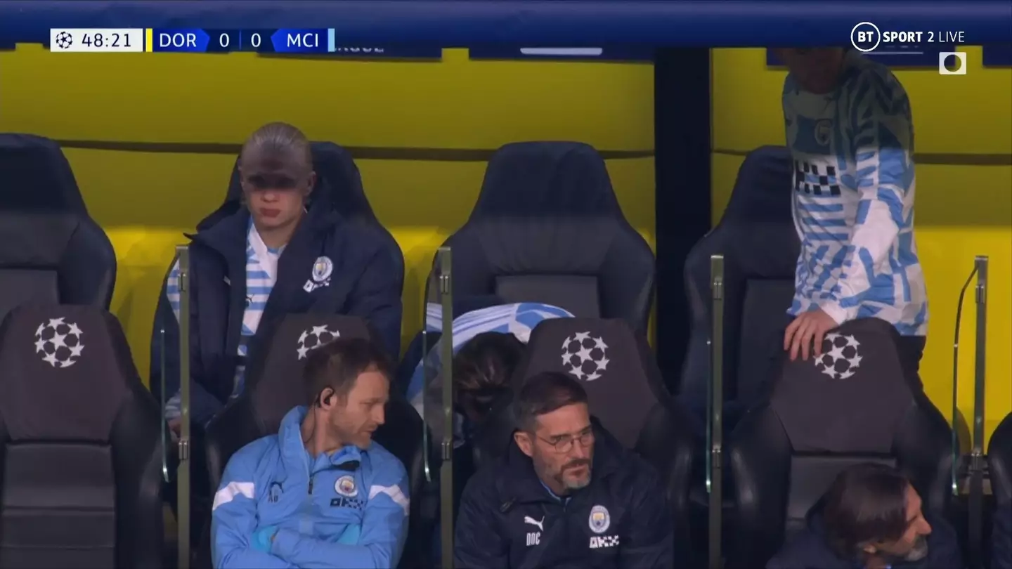 Haaland on the bench against Dortmund. (Image