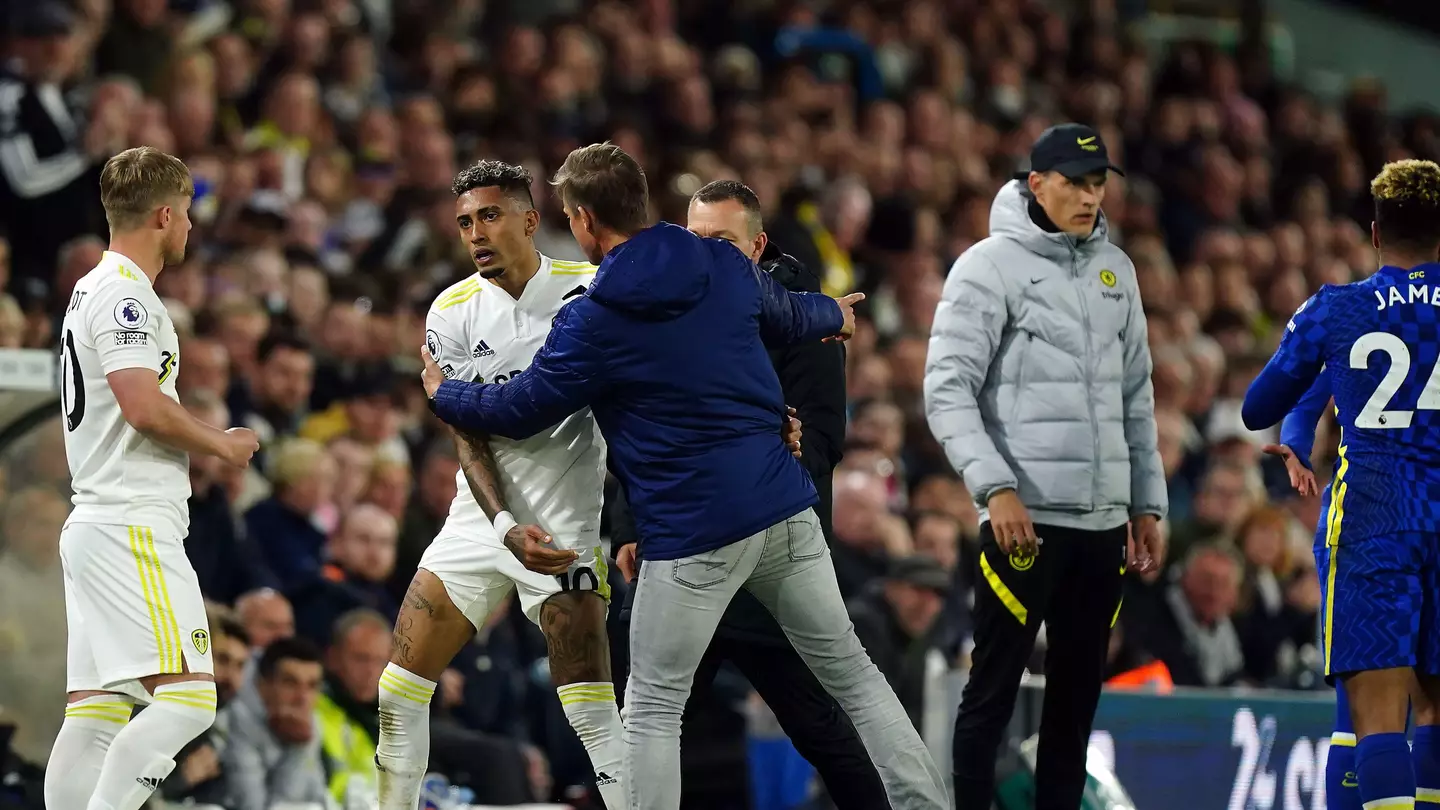 Leeds United manager Jesse Marsch speaks to Raphinha as he is substituted during the Premier League match at Elland Road. (Alamy)