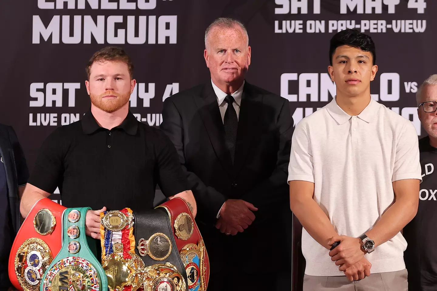 Canelo Alvarez and Jaime Munguia pose for for a photo during the launch press conference. Image: Getty