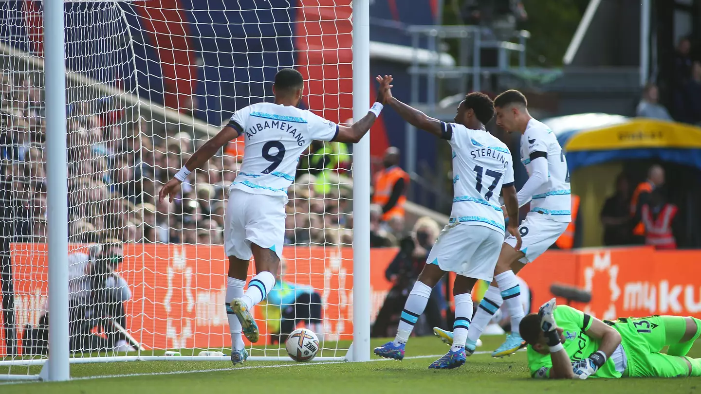 Pierre-Emerick Aubameyang and Raheem Sterling celebrate for Chelsea against Crystal Palace. (Alamy)