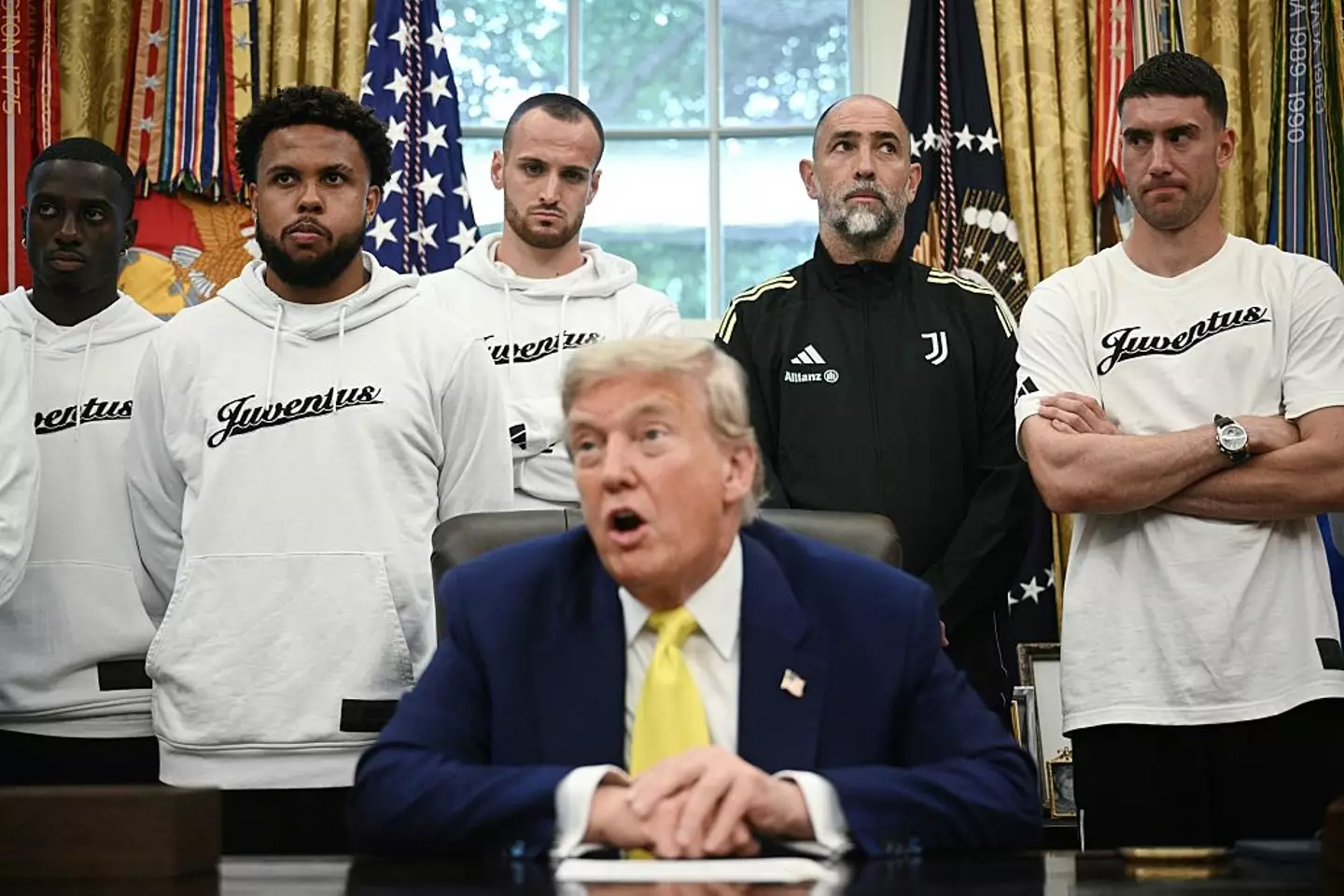 The Juventus squad were clearly uncomfortable with Trump's questions. (Image: Getty)