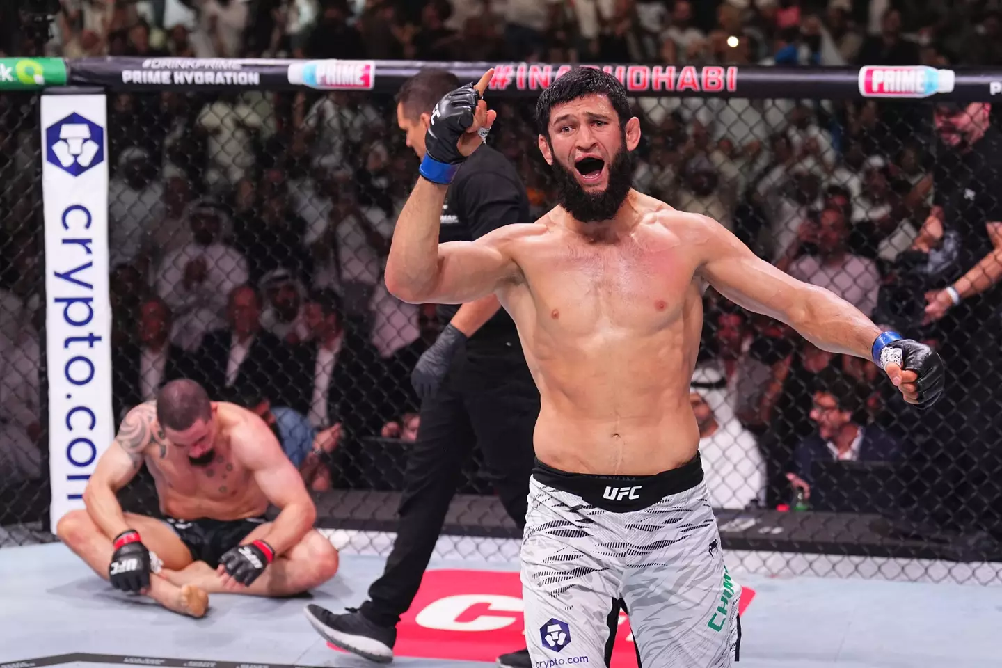Khamzat Chimaev celebrates beating Robert Whittaker. Image: Getty