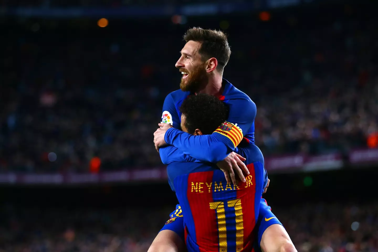 Lionel Messi and Neymar celebrate a Barcelona goal. Image: Getty