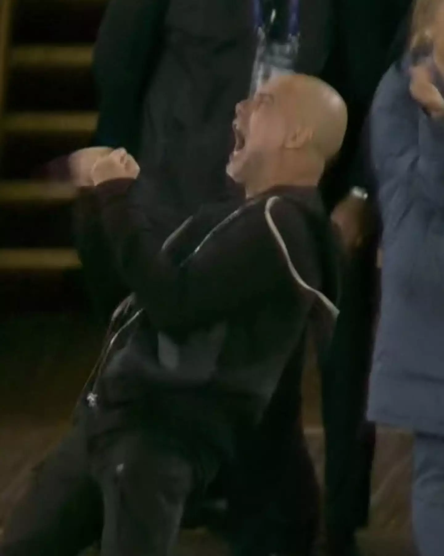 Pep Guardiola celebrates Manchester City's late winner against Aston Villa. Image: Premier League/Sky Sports