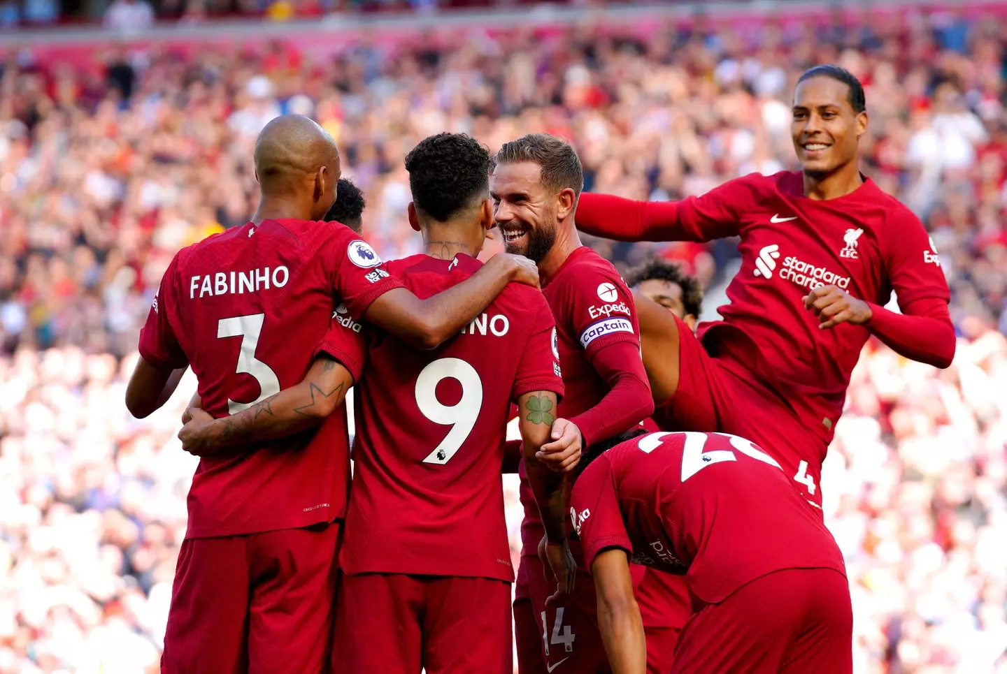 Liverpool players celebrate together. Image: Alamy