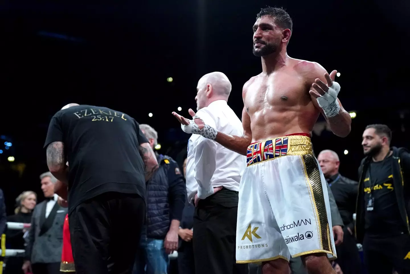 Amir Khan reacts after losing to Kell Brook. Image: Alamy