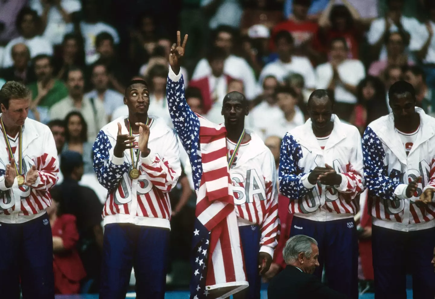 Michael Jordan on the podium at the 1992 Olympics. Image: Getty