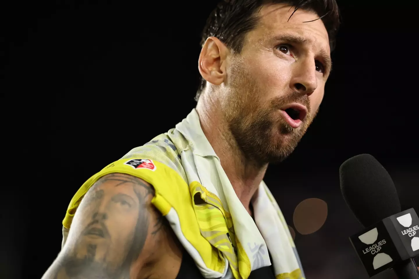 Lionel Messi speaks to a reporter after Inter Miami's Leagues Cup fixture. Image: Getty
