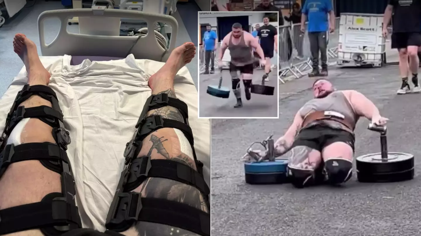 Harrowing footage shows Strongman snapping both tendons to send kneecaps 'shooting up into his thighs'