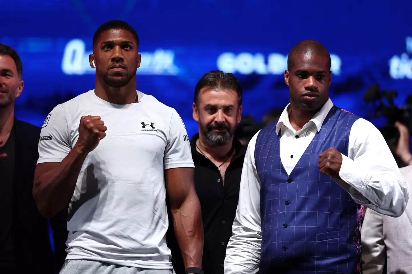 Anthony Joshua and Daniel Dubois face off ahead of their fight. Image: Getty