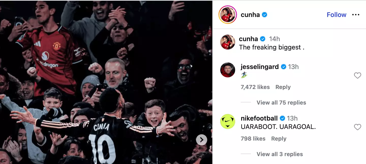 Cunha's post on Instagram after scoring the winner for Manchester United. Image: Instagram/@cunha