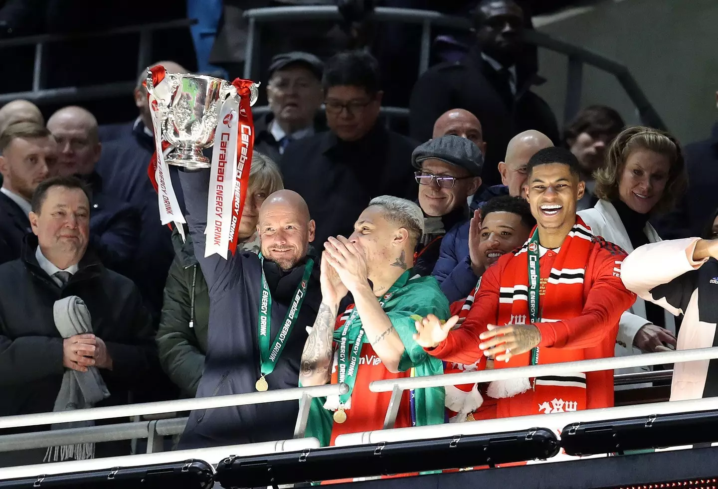 Erik ten Hag lifts the Carabao Cup trophy. Image: Alamy