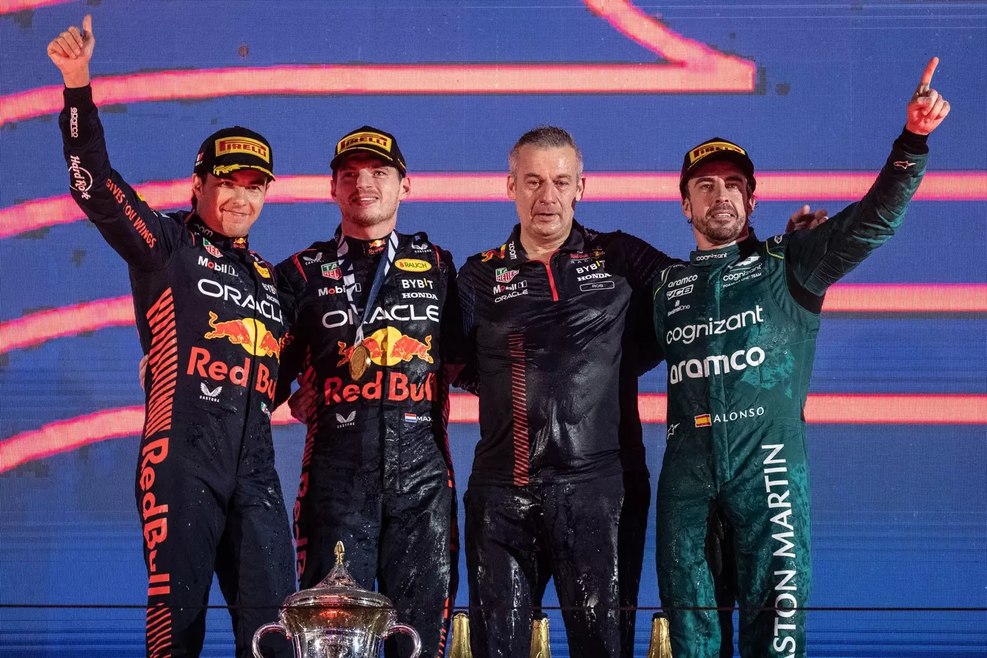 Verstappen and Perez were on the podium alongside Alonso on Sunday. Image: Alamy