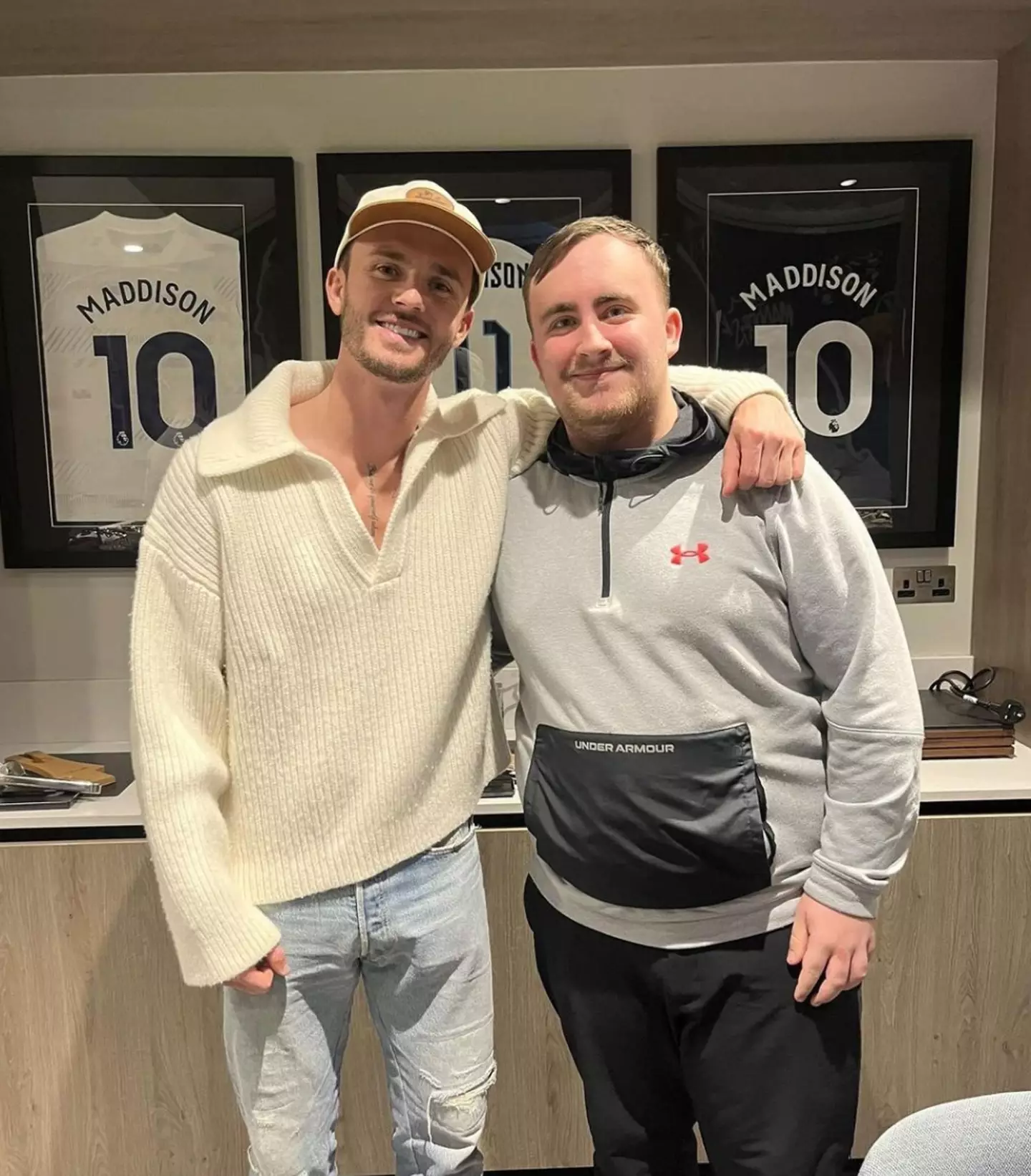 Luke Littler with James Maddison after the 16-year-old attended Spurs' clash against Bournemouth. Image credit: Instagram/lukethenukelittler