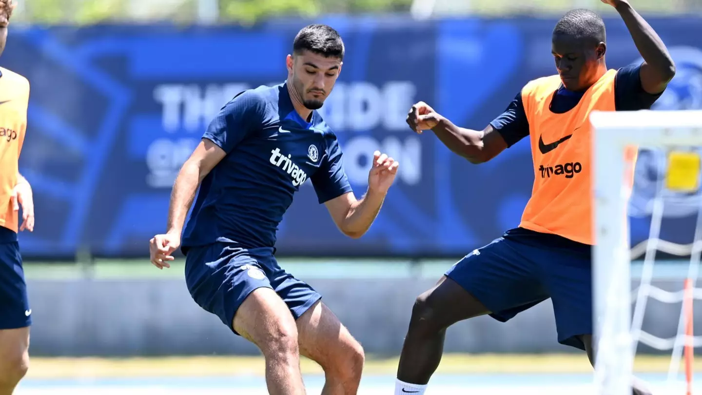 Armando Broja in training with Malang Sarr during Chelsea's United States tour. (Chelsea FC)