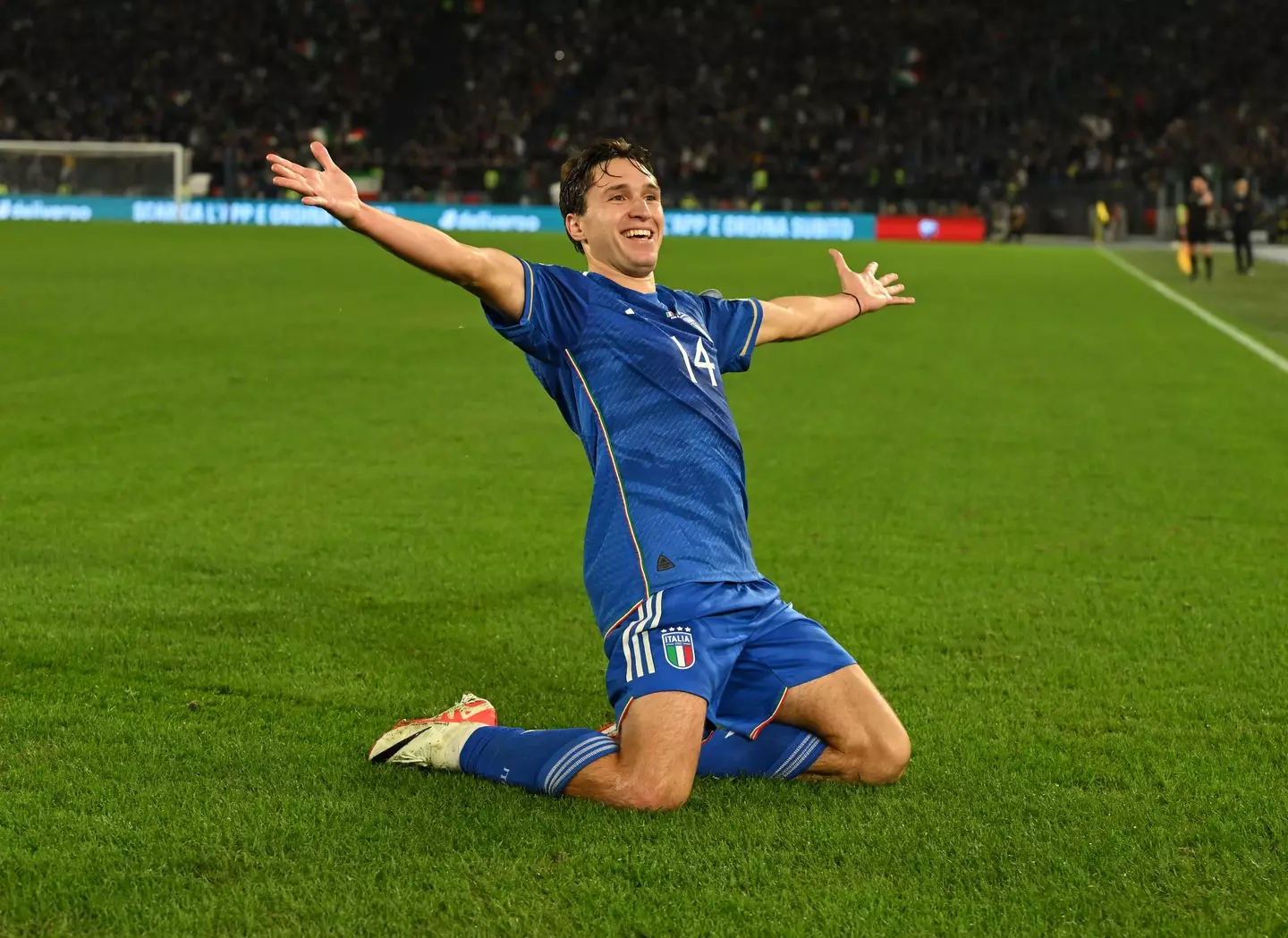 Federico Chiesa celebrates scoring a goal for Italy. Image: Getty