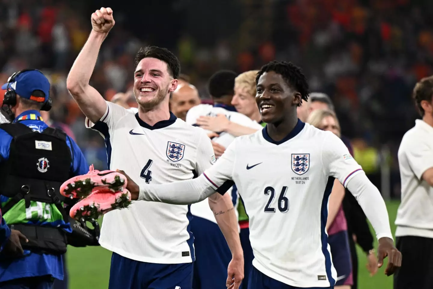 Declan Rice and Kobbie Mainoo pictured after England reach the Euro 2024 final -
