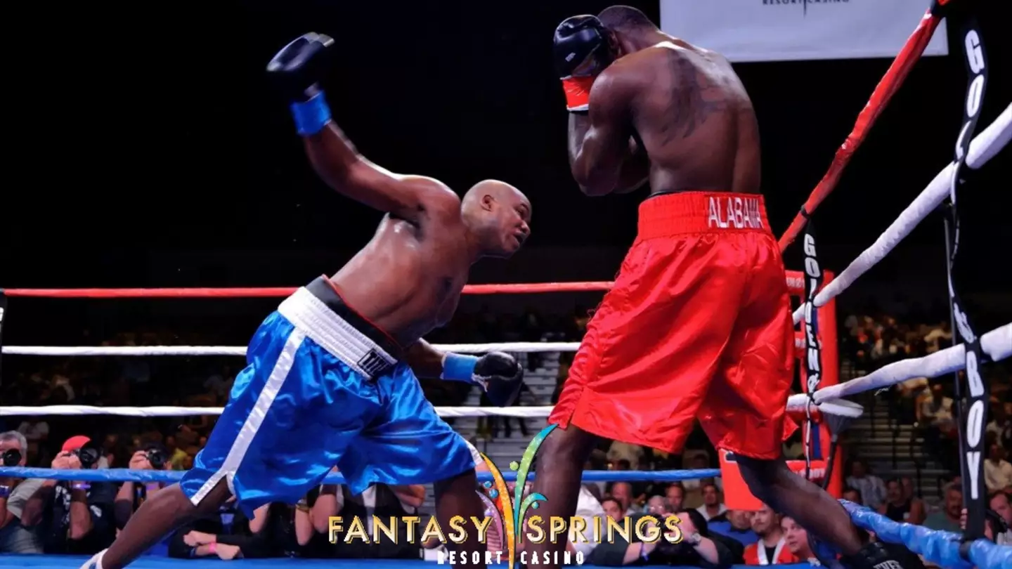 Harold Sconiers throwing a right-handed shot at Deontay Wilder inside the Fantasy Springs Resort Casino.