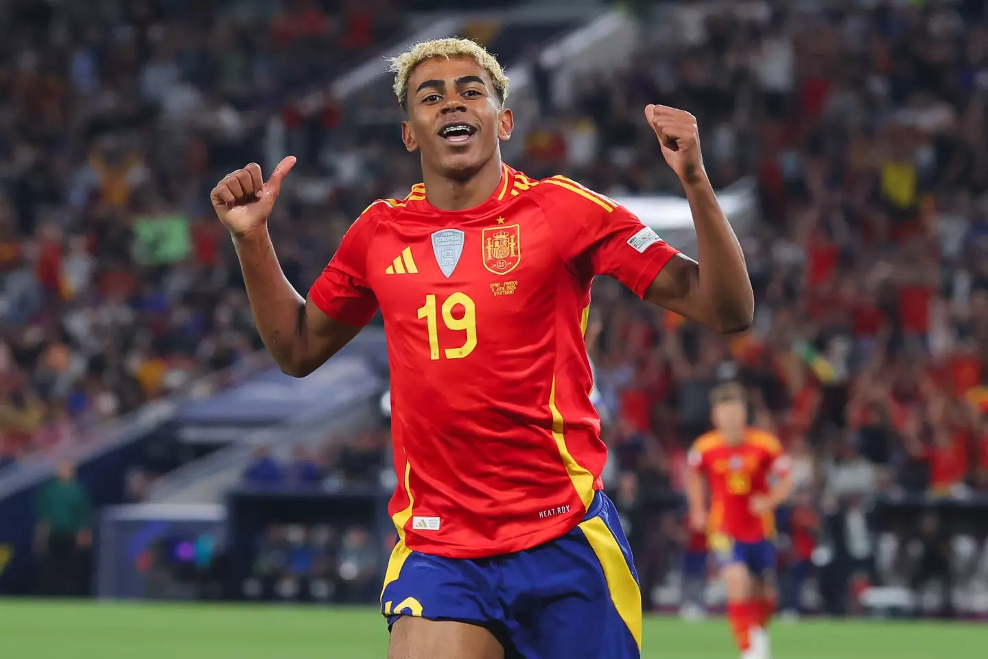 Lamine Yamal celebrates scoring a goal for Spain against France. Image: Getty