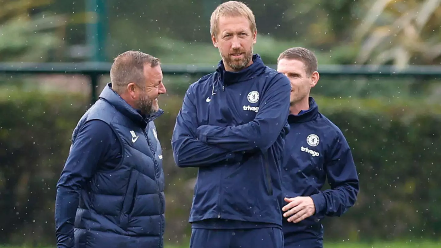 Chelsea manager Graham Potter (centre) with assistant manager Billy Reid (centre) and Anthony Barry during a training session at Cobham Training Centre. (Alamy)