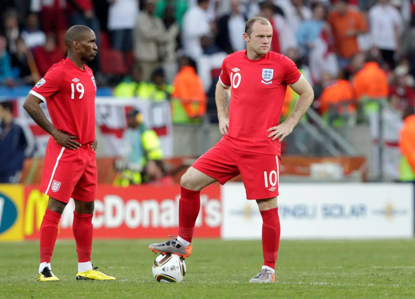 Wayne Rooney and Jermain Defoe in action at the 2010 World Cup (