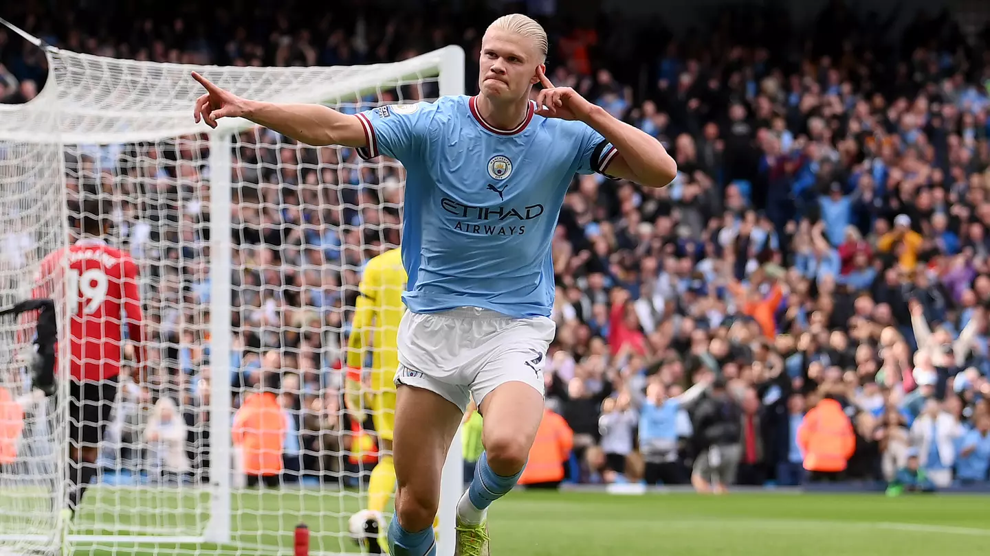 Erling Haaland scores against Manchester United. (Premier League)