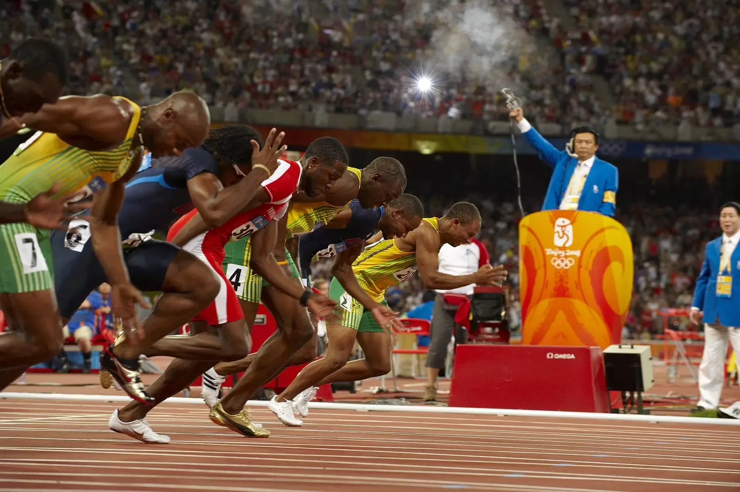 The starting gun goes in the final of the men's 100m race at the 2008 Olympics in Beijing (Heinz Kluetmeier /Sports Illustrated via Getty Images)