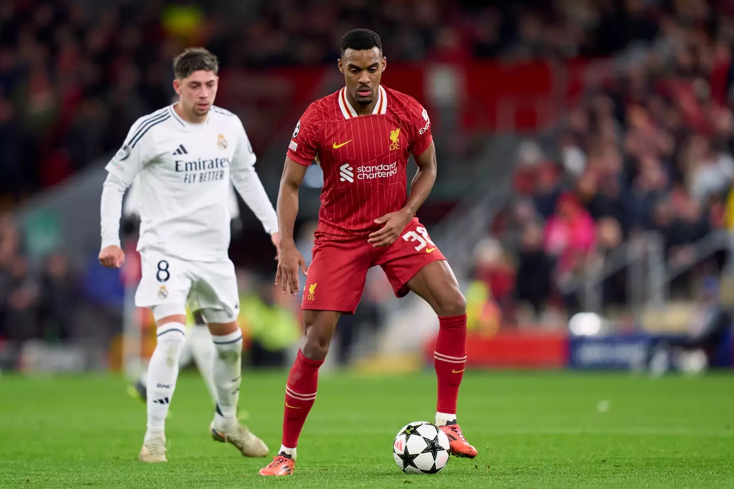 Ryan Gravenberch in action for Liverpool vs Real Madrid. Image