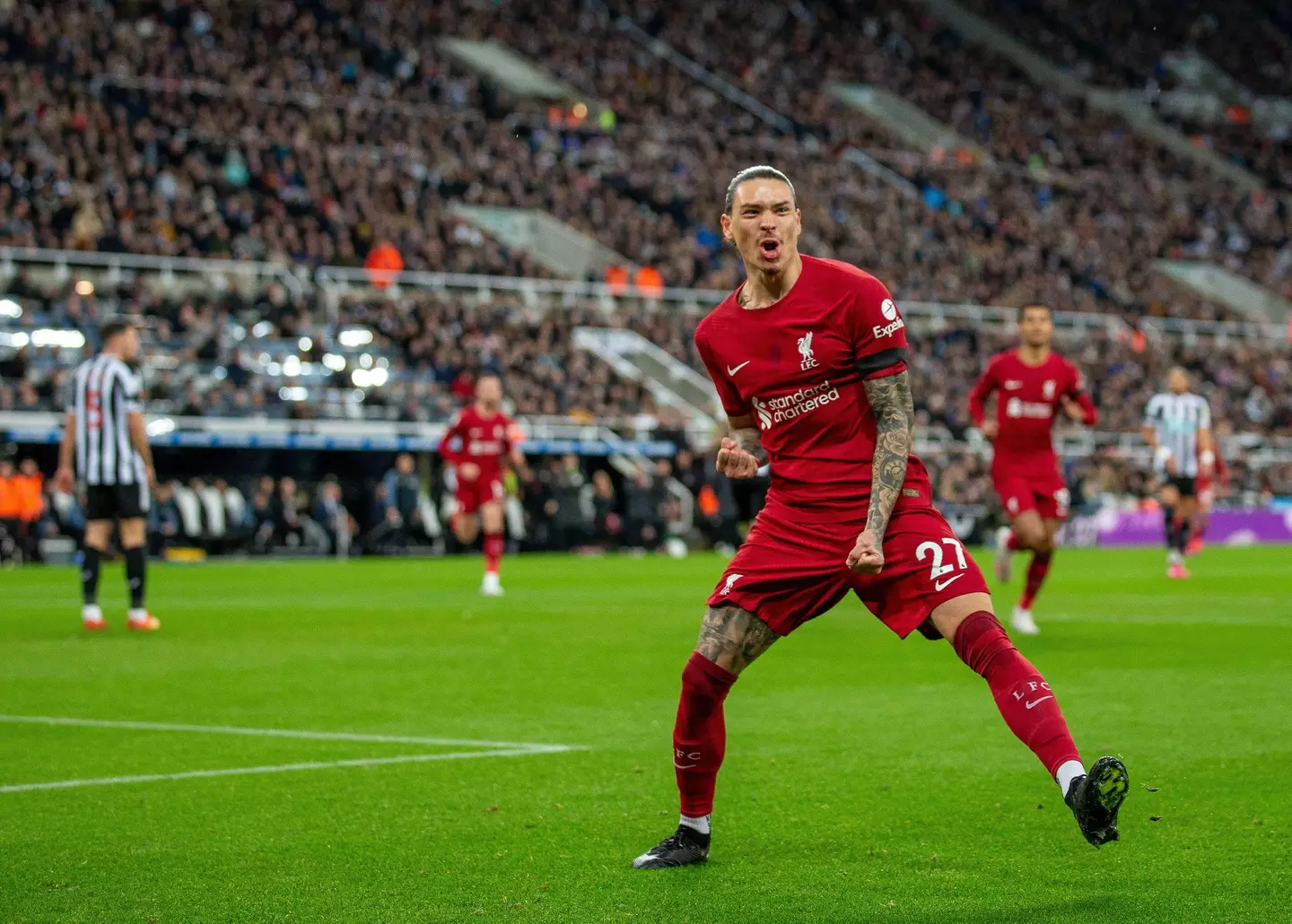 Nunez celebrates scoring against Newcastle. Image: Alamy