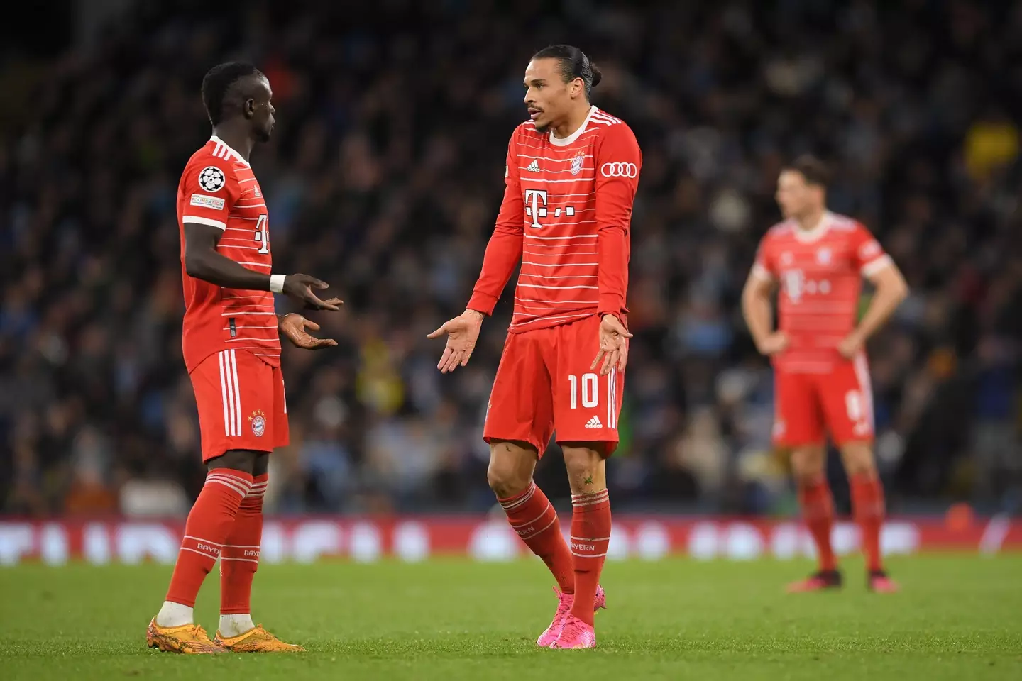 Sadio Mane and Leroy Sane of Bayern Munich disagree during the UEFA Champions League clash against Man City. Image credit: Alamy