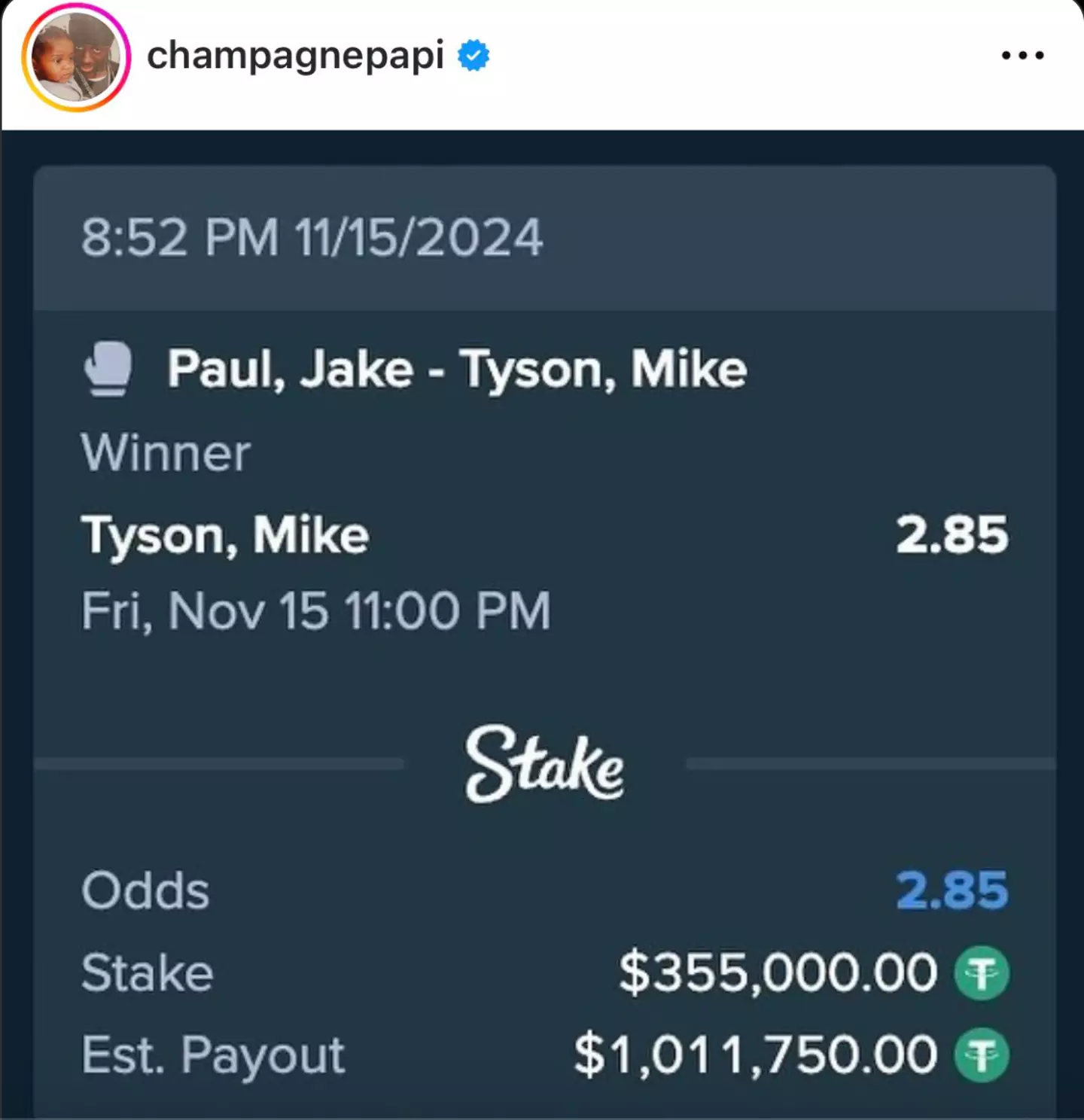 Drake's bet on Mike Tyson vs Jake Paul (Image: Twitter)
