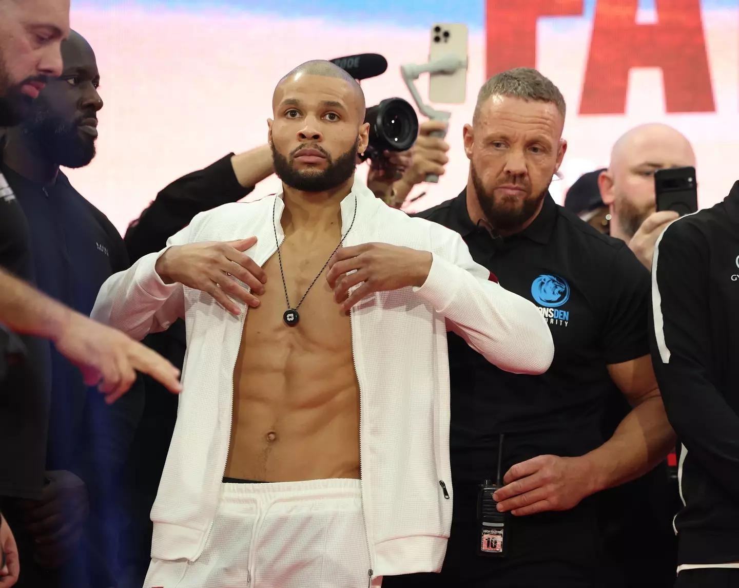 Chris Eubank Jr. during the ceremonial weigh-ins for his fight against Conor Benn. Image: Getty