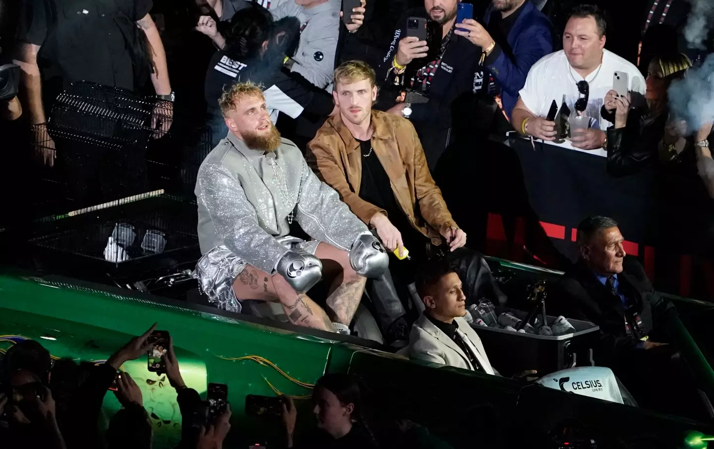 Jake Paul and Logan Paul ride in together ahead of the boxer's fight against Mike Tyson. Image: Getty