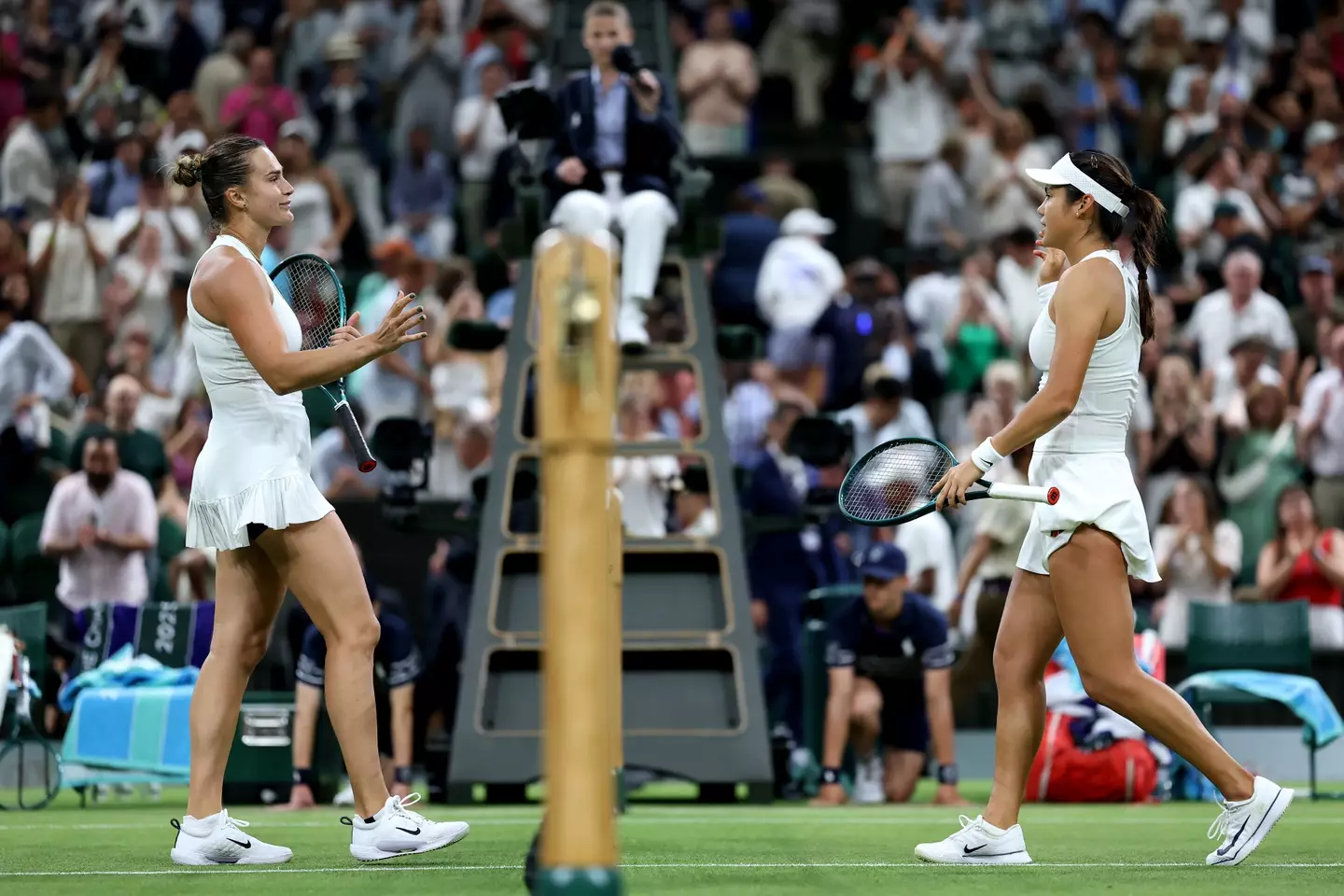 Aryna Sabalenka beat Emma Raducanu following their gruelling battle at Wimbledon. Image: Getty