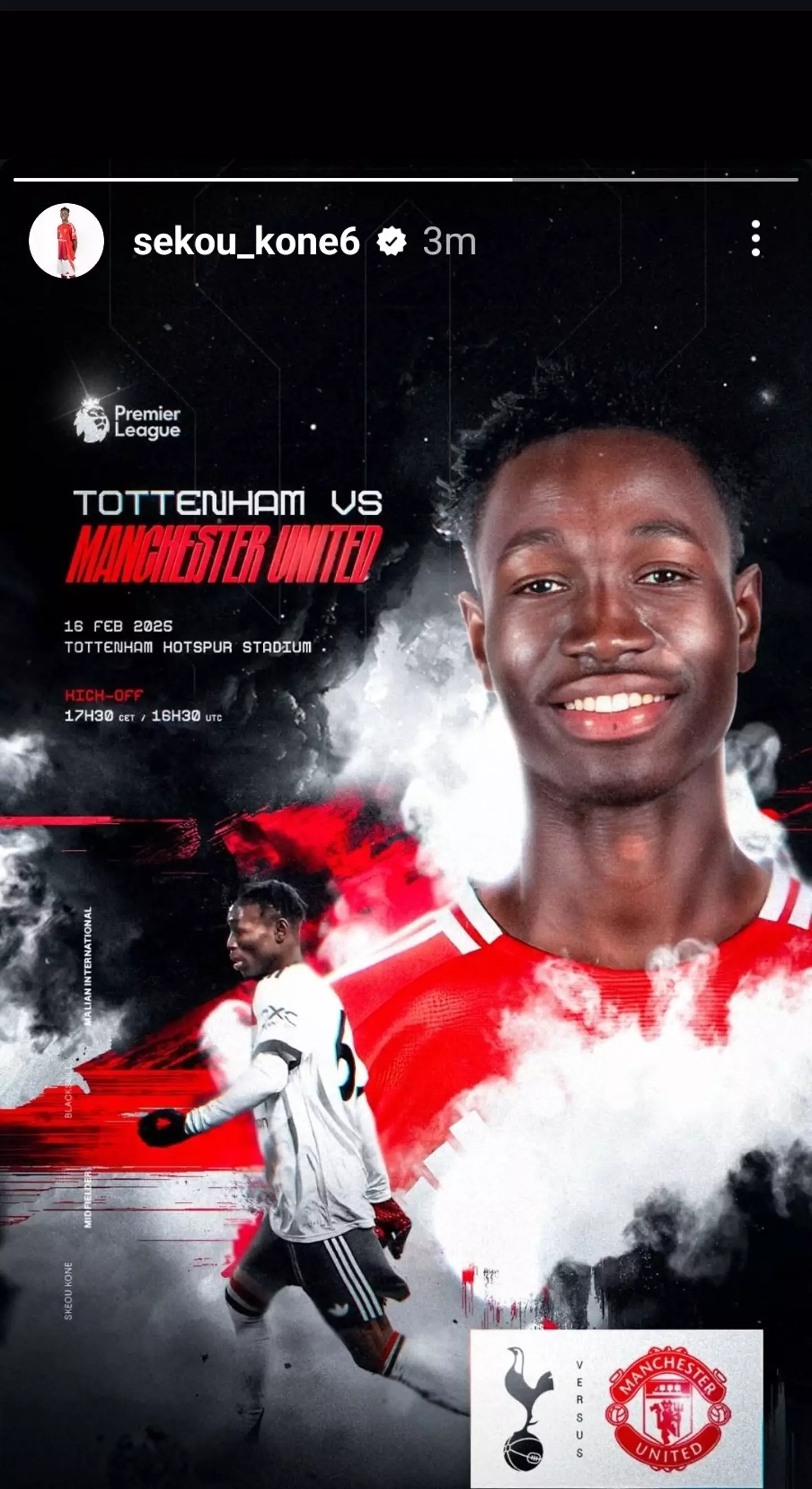 Sekou Kone posted a Man United graphic on social media ahead of their game at Tottenham. Image: Instagram/Sekou Kone