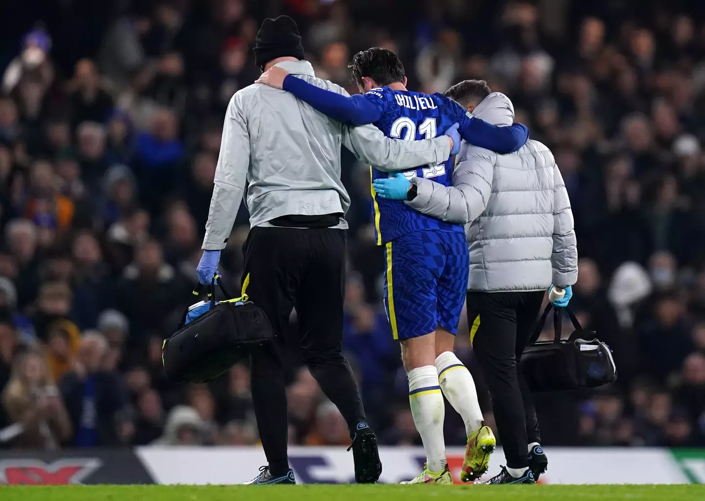 Chilwell gets taken off after his injury. Image: PA Images