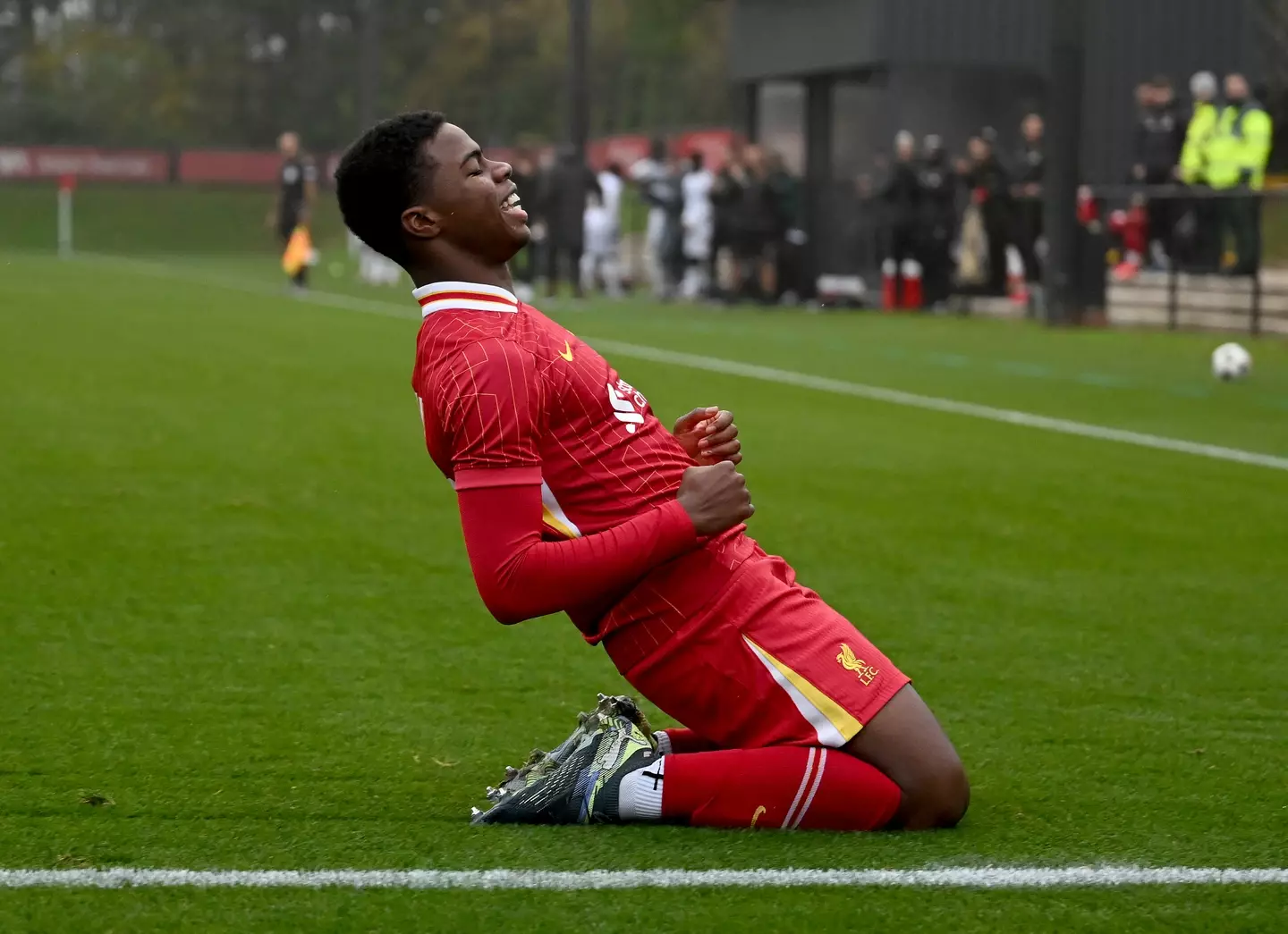 Keyrol Figueroa celebrates scoring a goal for Liverpool in a youth game. Image: Getty