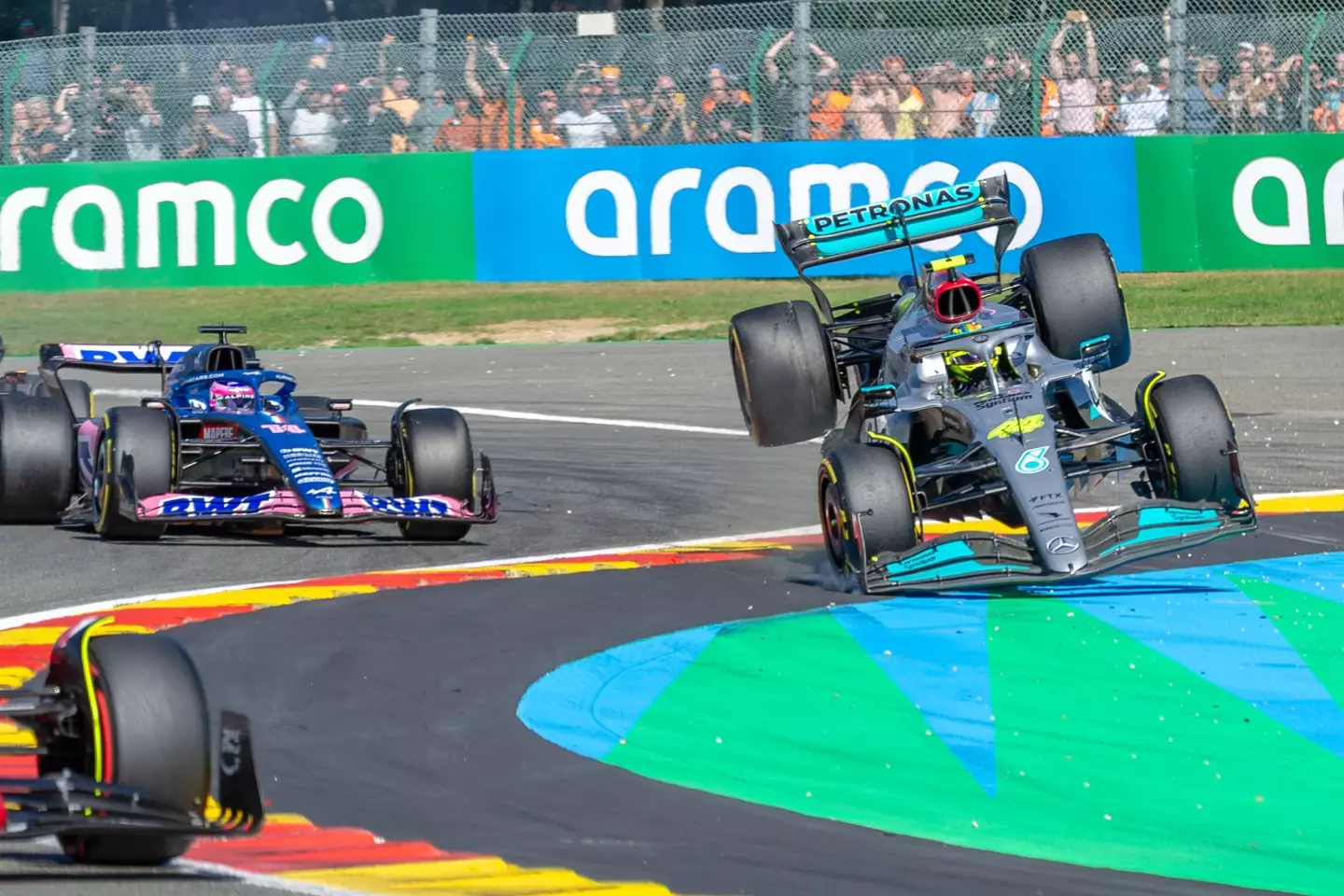 Hamilton got thrown into the air during the collision. Image: Alamy
