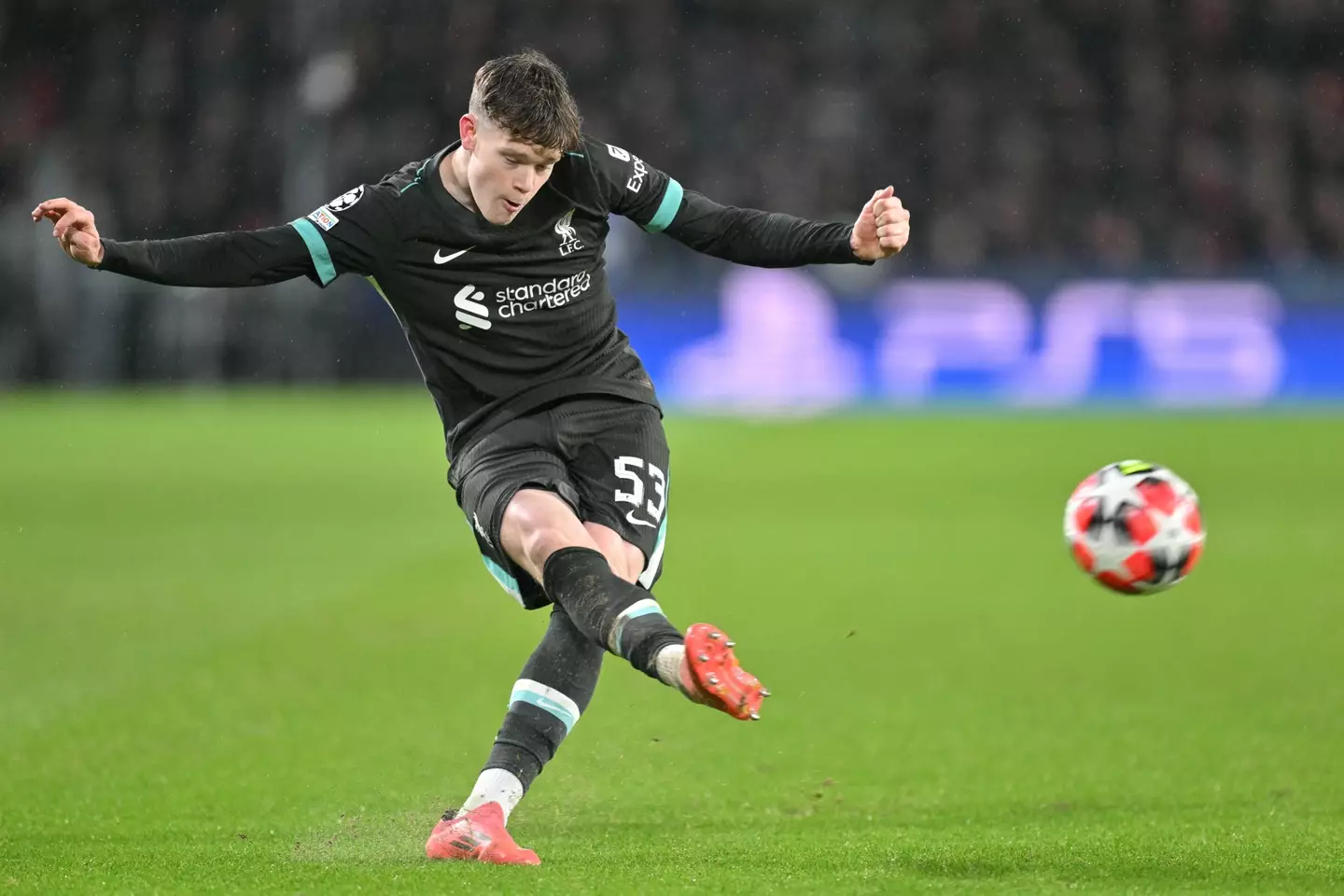 James McConnell impressed Arne Slot during Liverpool's defeat against PSV Eindhoven. Image: Getty