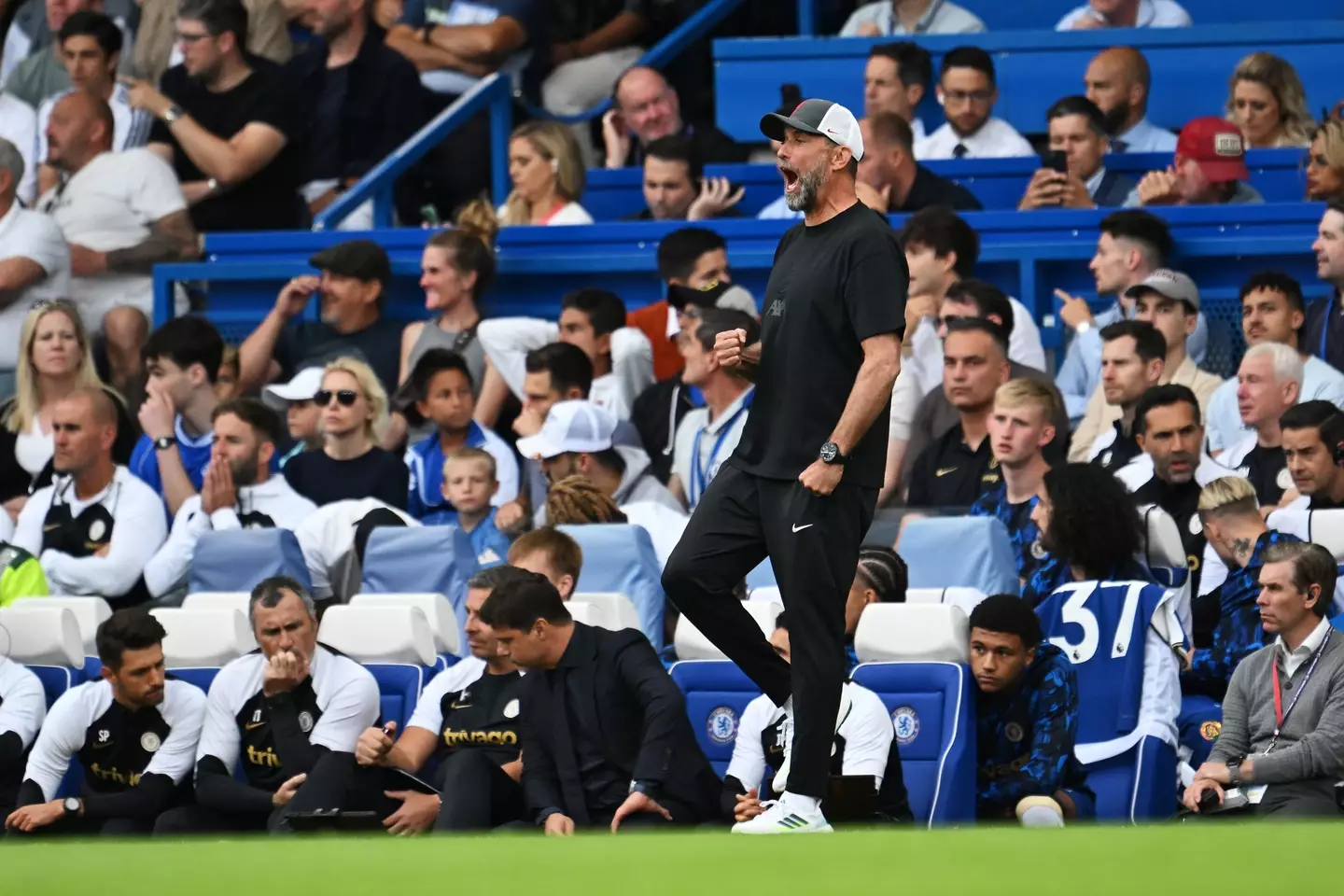 Jurgen Klopp on the touchline at Stamford Bridge during a fixture between Chelsea and Liverpool. Image: Getty